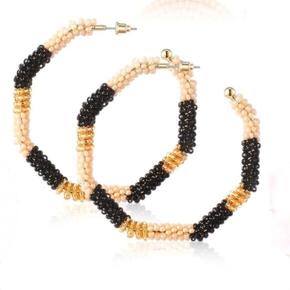 Gold and Black Beaded Hoop Earrings 2 3/4” - Picture 1 of 1